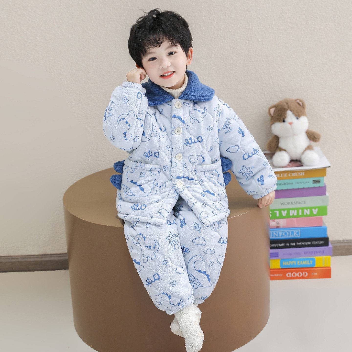男童卡通恐龙三层夹棉睡衣套装小男孩冬季加加厚保暖家居服两件套,淘宝优惠券,粉丝福利购,淘宝优惠卷