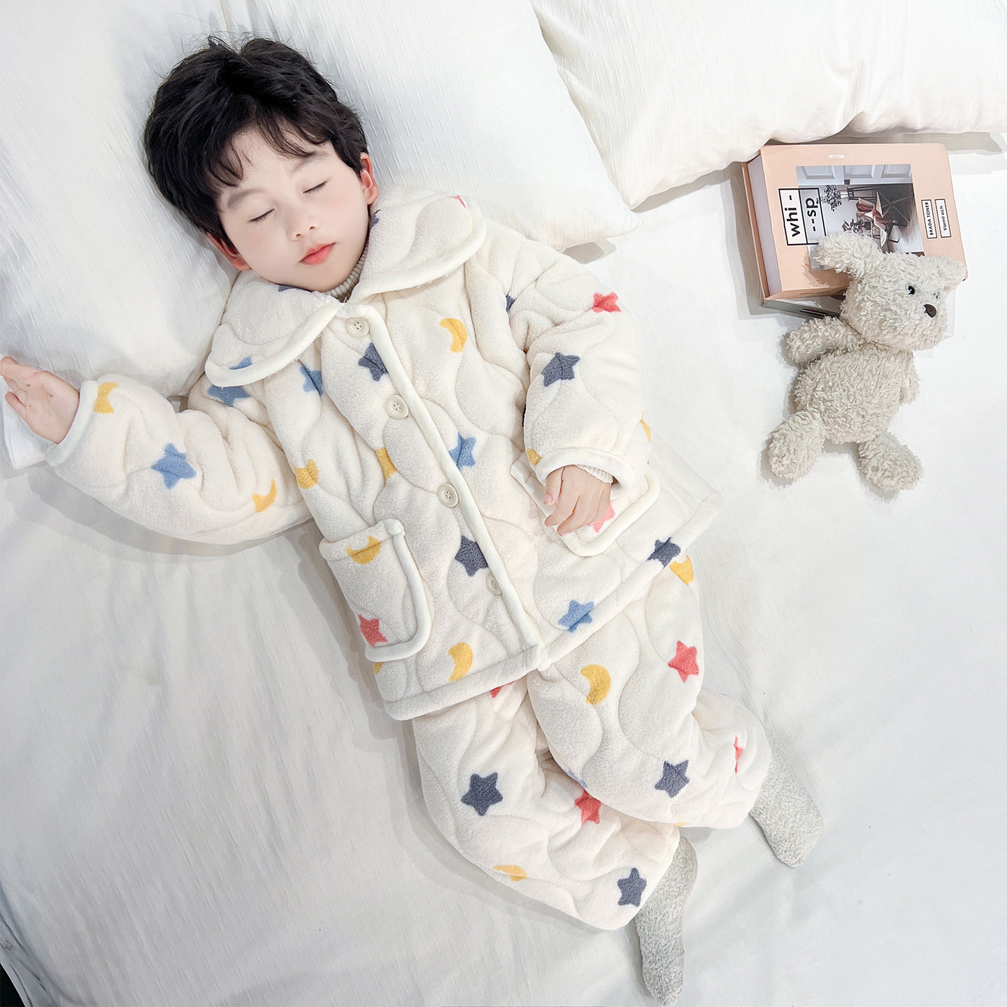 儿童卡通星星三层加厚睡衣套装男童女童冬季加厚保暖家居服两件套,淘宝优惠券,粉丝福利购,淘宝优惠卷