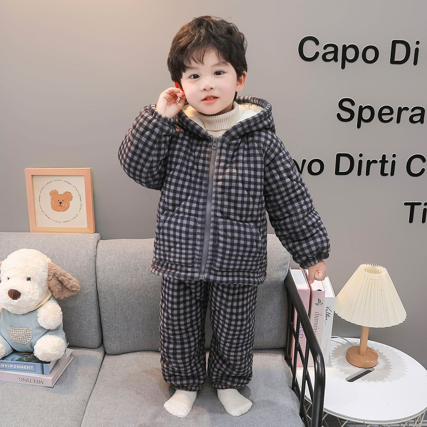 儿童三层夹棉格子珊瑚绒睡衣套装男女童冬季加厚保暖家居服可外穿,淘宝优惠券,粉丝福利购,淘宝优惠卷
