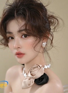 新娘法式缎面香槟色花朵头饰晨袍婚纱礼服项链婚纱黑色礼服配饰女