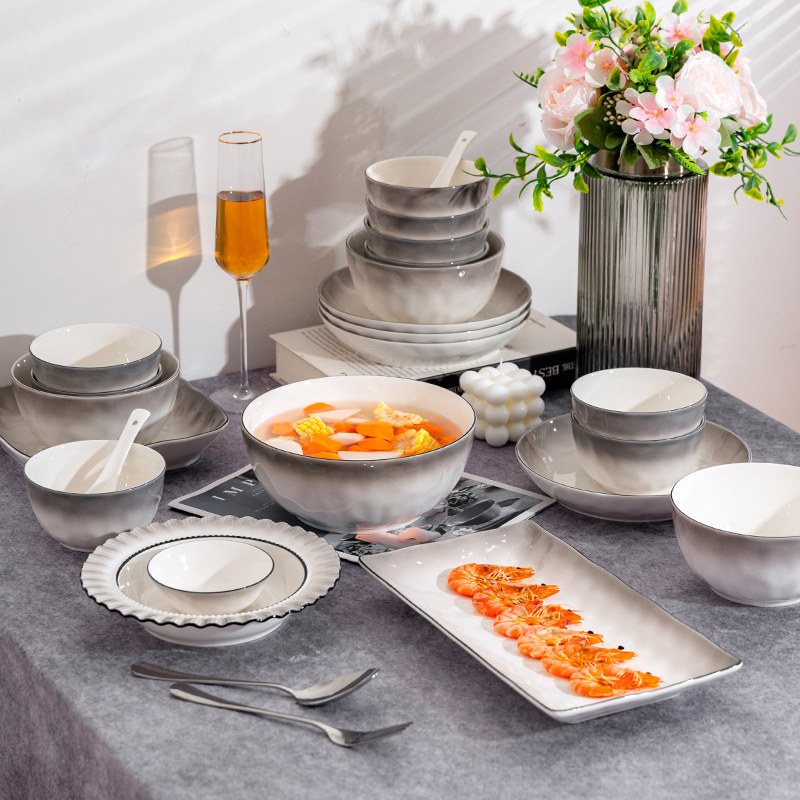 2026碗碟套装家用釉下彩轻奢高温渐变灰餐具陶瓷盘子高级感手捏纹