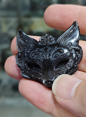 天然银曜石吊坠 小狐狸面具造型 女款 顶端打孔 可做书包挂坠