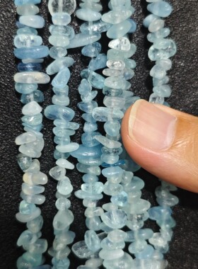 天然海蓝宝带孔碎石串珠 DIY随形珠子 蓝色不规则随形打孔珠子