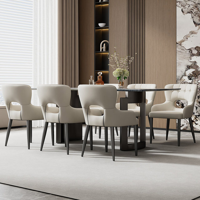 Image showcasing Light luxury home dining chair Italian designer genuine leather simple ...