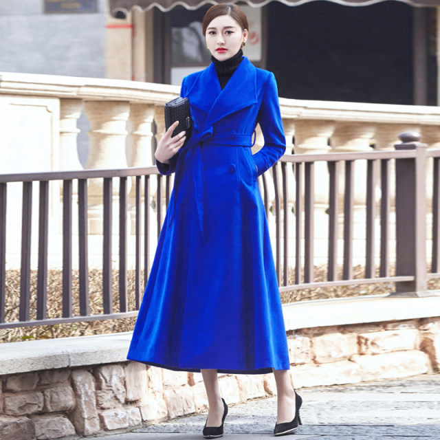 Solid color cashmere coat extra long knee-length woolen coat