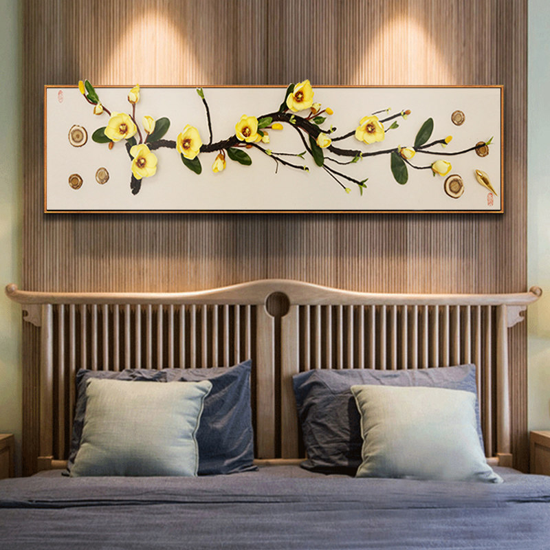 新中式卧室装饰画创意实物立体床头挂画花鸟横款客厅样板间壁画,淘宝优惠券,粉丝福利购,淘宝优惠卷