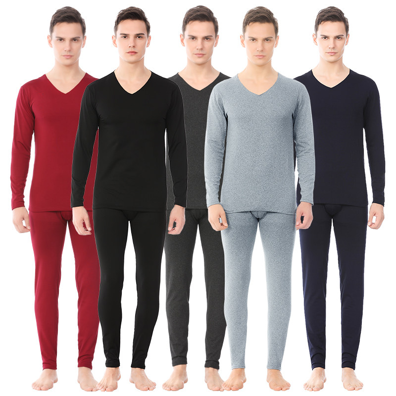 保暖无痕v领加绒青少年男士棉毛衫 天奴狼保暖套装