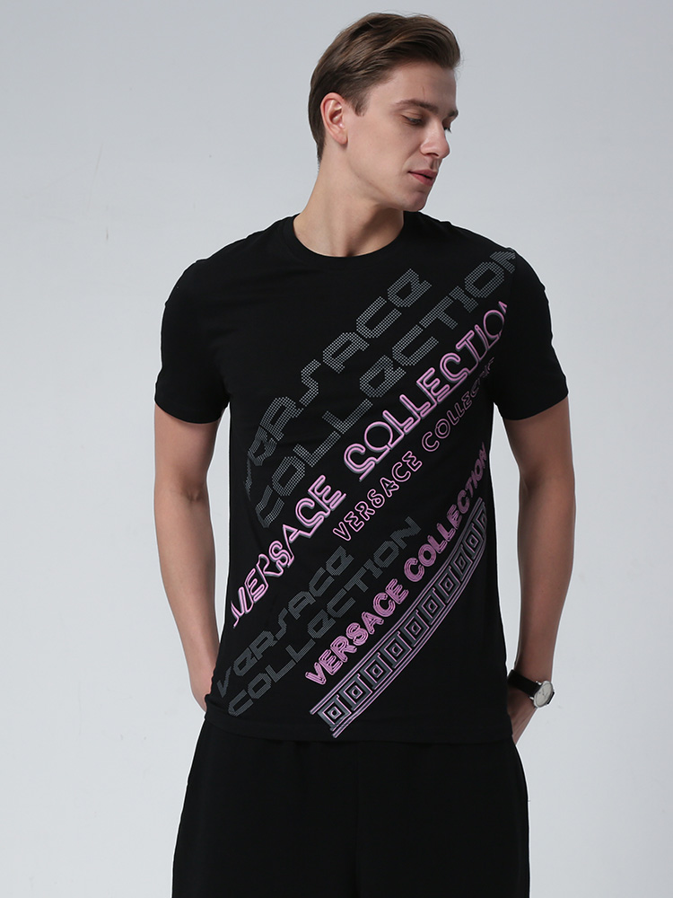 客邻尚品海外旗舰店Versace/范思哲夏季新款男士圆领短袖T恤斜字母logo时尚修身1