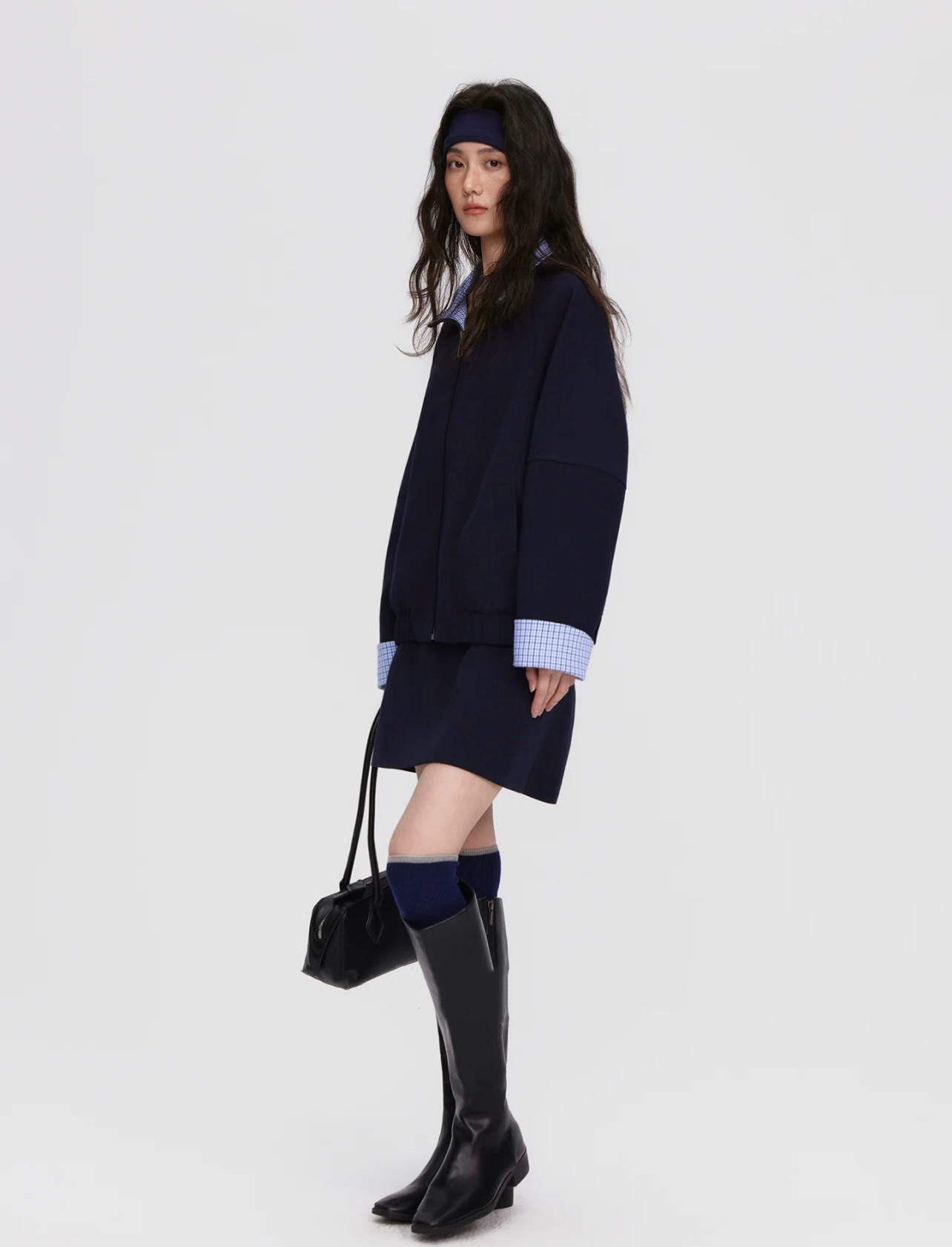 藏青色夹克外套女格子拼接翻领卫衣上衣半裙休闲套装,淘宝优惠券,粉丝福利购,淘宝优惠卷