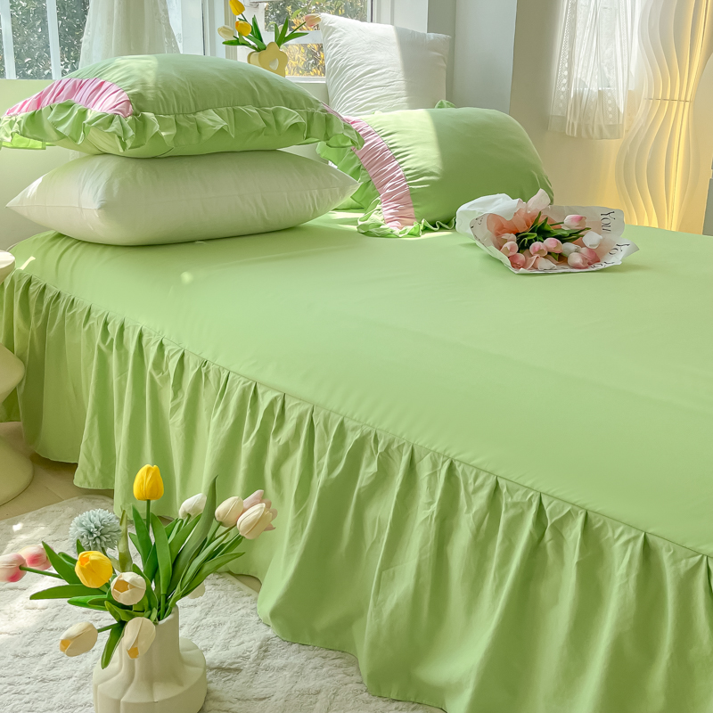 桃红柳绿/超柔拼撞纯色水洗棉四件套床裙床罩花边被套床上用品春
