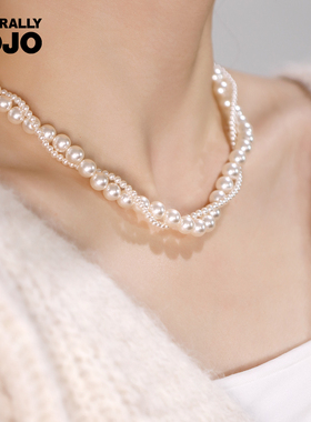 双层麻花叠戴仿珍珠项链女生元宝扣毛衣链小众设计高级感串珠颈链