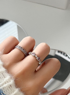 粉色爱心戒指女Ins轻奢小众设计感可叠戴双层皇冠指环开口可调节