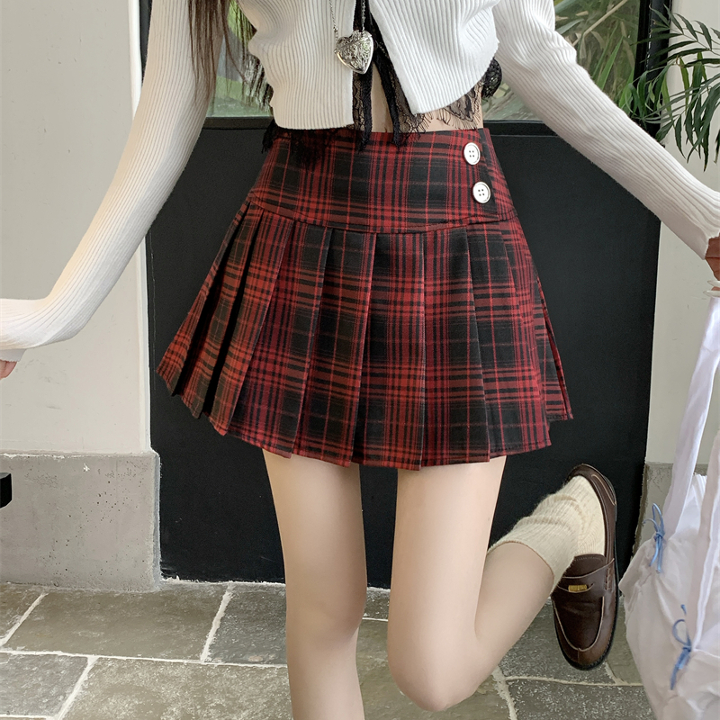 大码红色格子百褶裙春夏jk学院风a字半裙高腰防走光短裙半身裙女