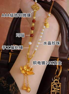 民族风沙金项链长款夏季配饰女款轻奢小众新中式莲花吊坠颈链饰品