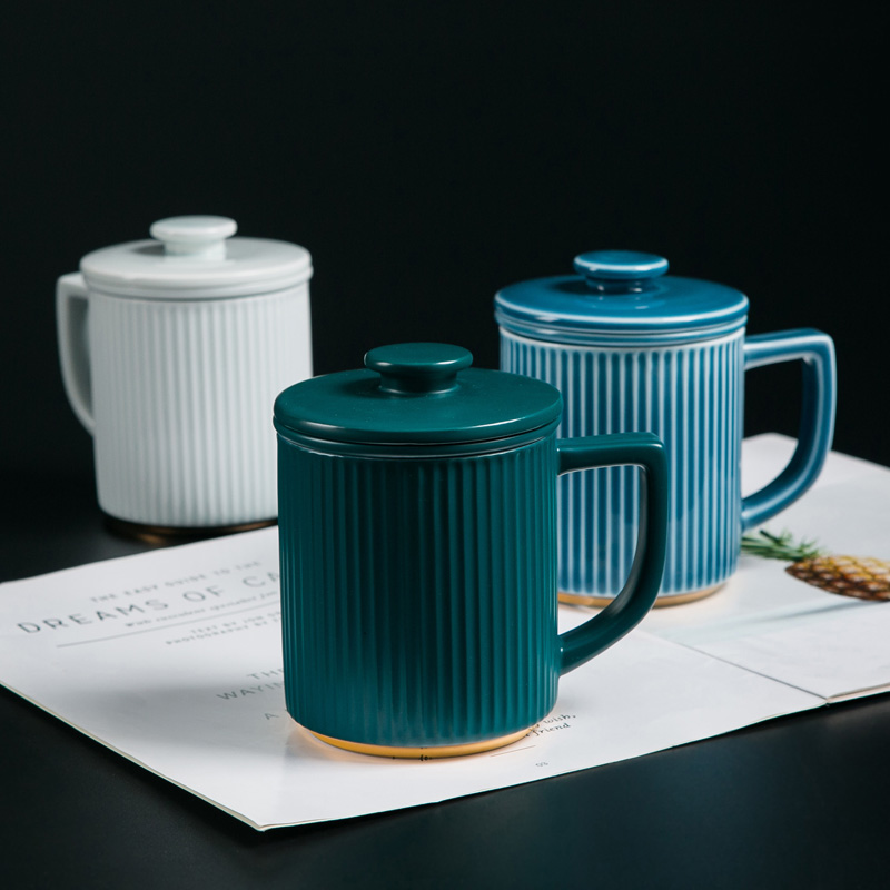 景德镇陶瓷过滤茶杯带把手大容量颜色釉茶水分离办公室带盖泡茶杯 - 图2