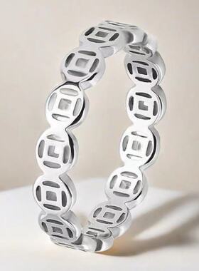 八方来财镂空金色铜钱钛钢戒指