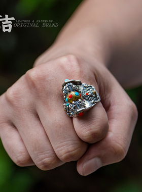 金刚杵925银戒指大鹏鸟仓吉宝石