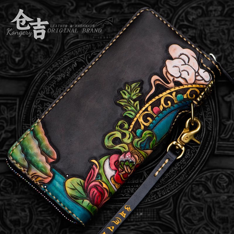 皮雕财神！手工钱包！仓吉男女长款拉链包牛皮包复古真皮手拿包,淘宝优惠券,粉丝福利购,淘宝优惠卷