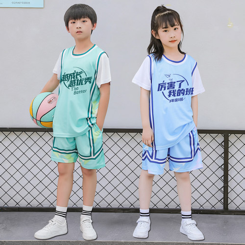 中小学生短袖篮球服套装儿童假两件球衣定制印字号比赛训练队服夏 - 图0