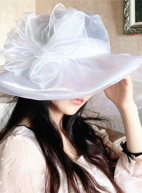 复古赫本风礼帽遮脸女欧根纱大檐