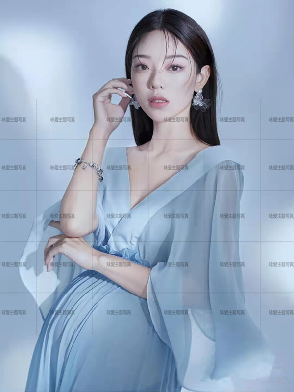 2022年影楼孕妇拍照服装爆款蓝色雪纺礼服大肚子妈咪个性写真服饰