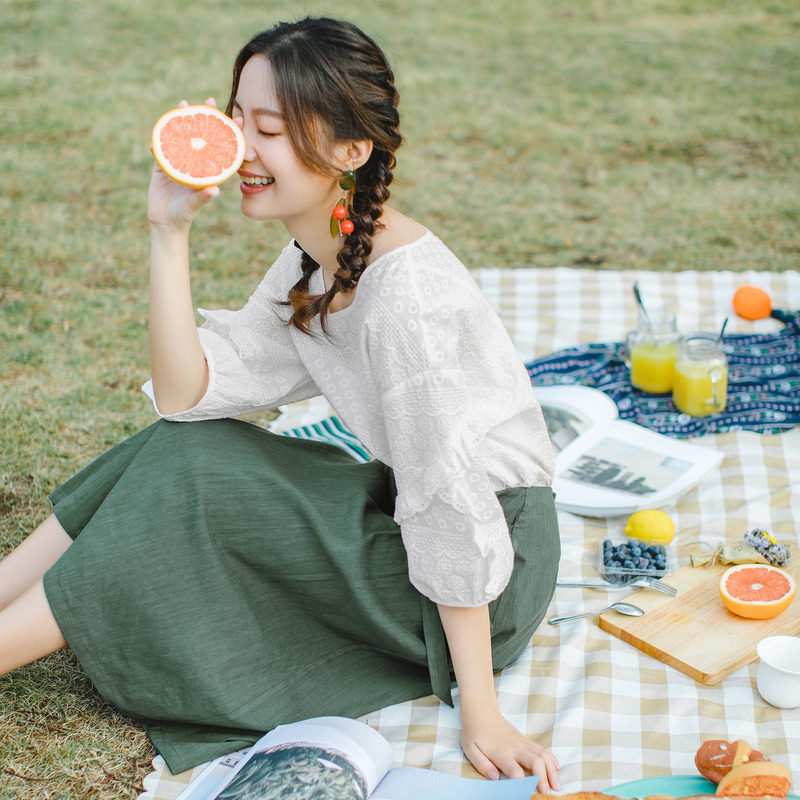 茵曼白色短袖夏季2022新款小众衬衫 茵曼慢生活衬衫