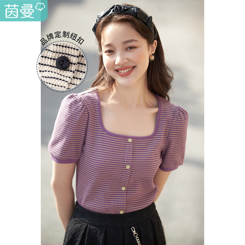 茵曼黑白条纹方领短袖女士2022 t恤 茵曼慢生活T恤