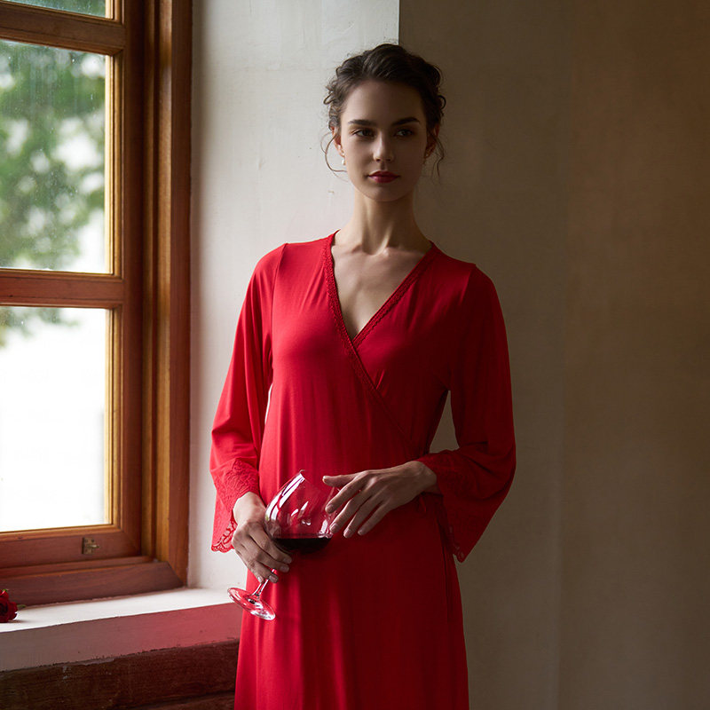 CA BRIDA【红】法式明媚红色莫代尔斜襟系带晨褛睡袍O1201,淘宝优惠券,粉丝福利购,淘宝优惠卷
