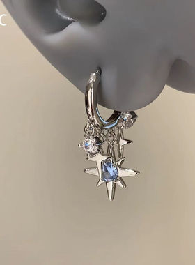 合金耳饰 甜酷风蓝色八芒星吊坠耳扣个性小众设计感高级风独特