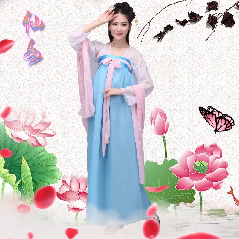 蜜糖依恋旗舰店古装汉服女襦裙仙女飘逸改良汉服雪纺印花古装古筝演出服影视写真1
