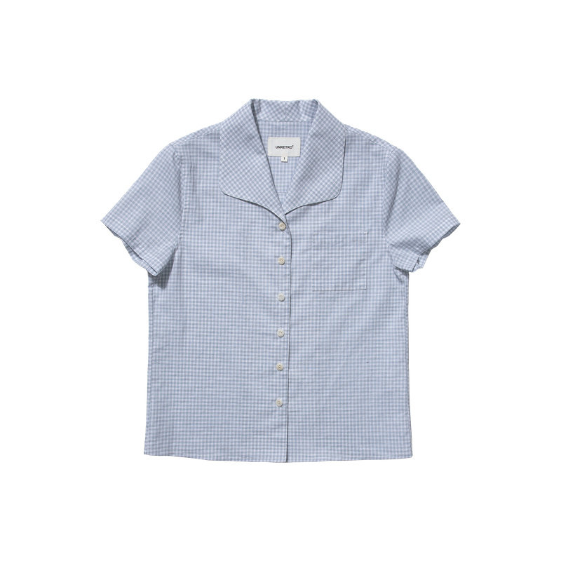 【清仓】UNRETRO 混纺复古翻领设计修身格纹短袖衬衫女休闲衬衣