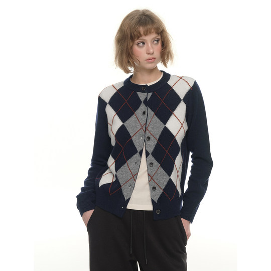 UNRETRO 美式复古菱格针织开衫女冬季新款纯羊毛短款修身毛衣外套