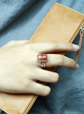 纯银天然长方形草莓晶礼物戒指