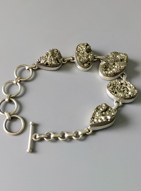 欧美超酷INS925纯银手工个性独特随形黄铁矿原石手链手饰女包邮