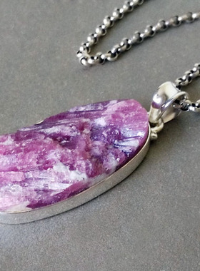 欧美纯银宝石手工粉紫色碧玺吊坠