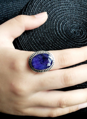 欧美风天然紫色蓝宝石印度银戒指