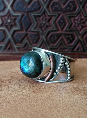 印度尼泊尔纯银拉长石手工戒指