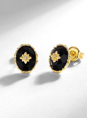 FORGARY「玄金秘语」S925纯银镀金复古轻奢天然黑玛瑙耳钉女耳环