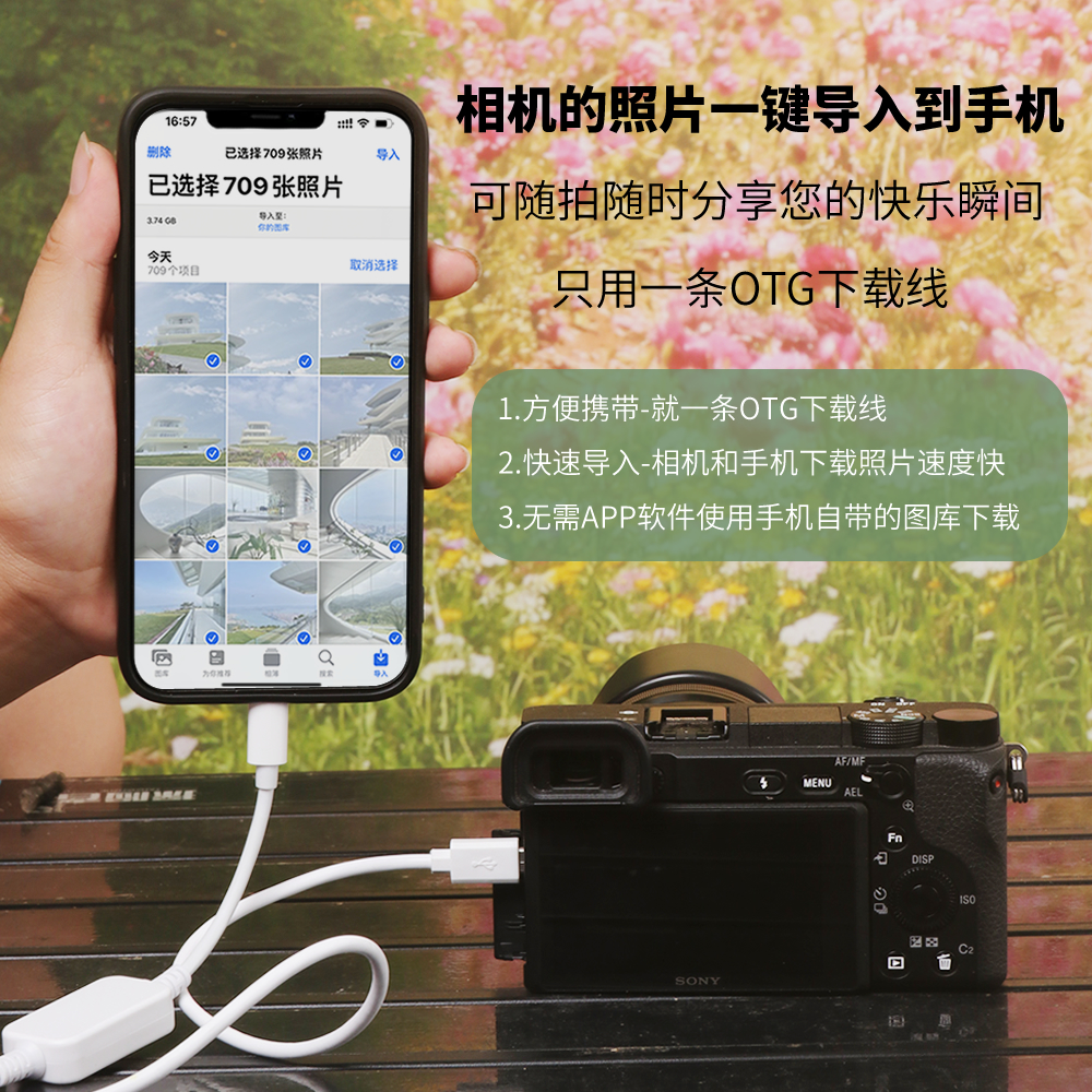 振发适用于iPhone苹果安卓手机OTG转接头连接索尼相机A6000 A6400 A6300 A7S2 A7M2 A7R2数据线内存卡直传器-图1