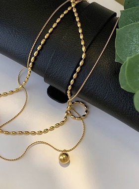 米粒圆球双层叠戴项链女钛钢不掉色洗澡不用摘金豆圆球锁骨链吊坠
