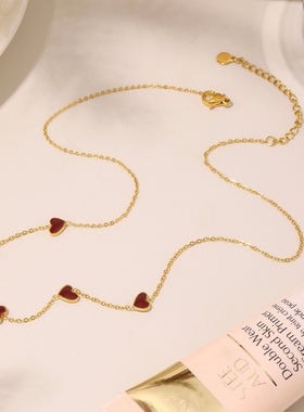 爱心项链女钛钢不掉色洗澡不用摘法式酒红色珐琅彩釉爱心锁骨链
