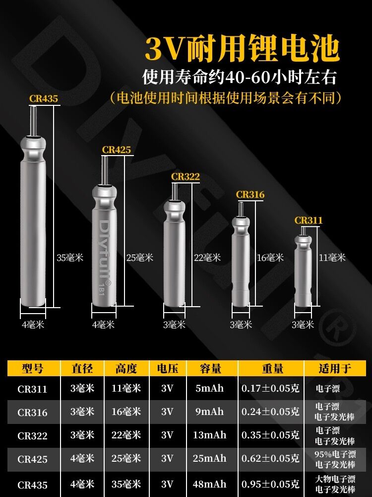 正品丹尼富电子夜光电池鱼漂通用CR425/322/316/311野钓垂钓夜钓 - 图1