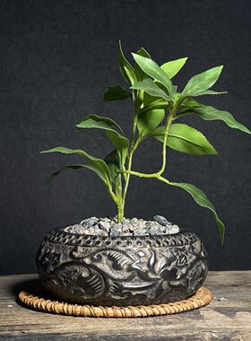 仿古仿石雕青石民俗怀旧缠枝莲笔洗烟灰缸石钵复古陈设摆件收藏