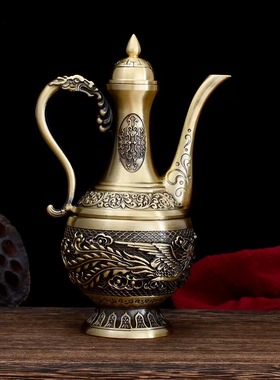 黄铜浮雕龙凤酒壶百福轻奢铜酒壶家居装饰品铜龙凤酒壶酒杯茶摆件