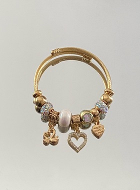 潘家多拉不锈钢手链镶钻水晶手环爱心吊坠开口可调节闺蜜同款手镯