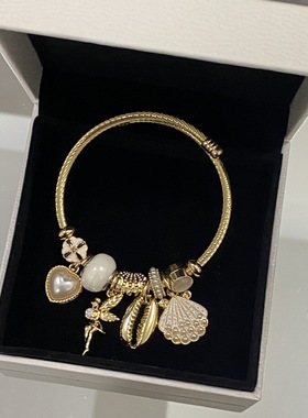 爆款新款不锈钢手链金色可调节珍珠贝壳手镯爱心潘朵拉不锈钢手饰