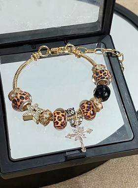 潘家手链跨境爆款DIY串珠手链女铜镶锆十字架豹纹珠黑八时尚首饰