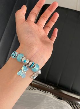 潘家新款轻奢小众原创设计蓝色水晶小熊吊饰手镯女百搭ins风手链