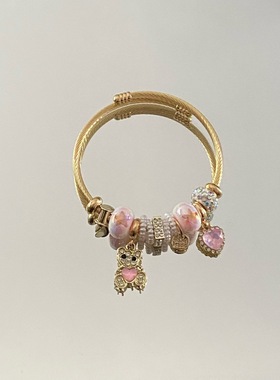 跨境热销潘家不锈钢手镯时尚甜美水钻爱心小熊挂件高级感串珠手链