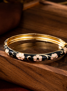 新中式手镯中国风滴油珐琅彩花朵镯子复古手饰民族风小众时尚个性